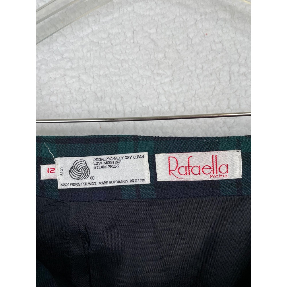 Rafaella Petites Wool Wrap Skirt Black Watch Plaid Fringed Midi Green Navy 12P - Picture 8 of 10